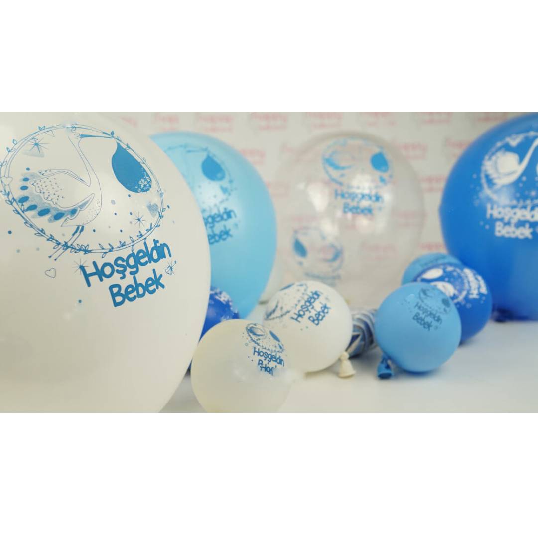 Hoş Geldin Bebek Mavi Balon 100 Adet Baskılı Balon
