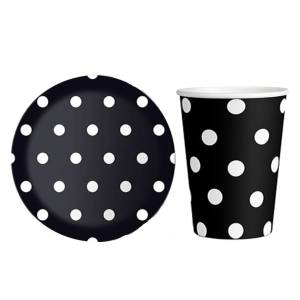 Puantiyeli Siyah Tabak Bardak Set 8 Adet